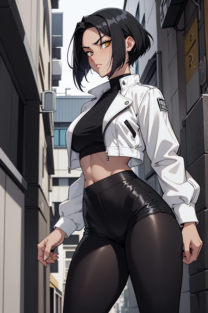 1 girl, two-tone hair, black on top, white on bottom 1 gilr, ,perfect anatomy girl muscular girl toned body girl large breasts girl thick girl angry girl best quality girl black hair girl yellow eyes girl pale girl pale girl,beautiful woman brunette, muscular, wearing short leggings withe, black tights, short hair, beautiful eyes, beautiful, yellow eyes, white shirt, black leather jacket, shorts, short white leggings, dark alley city black pantyhose, two-tone hair, black on top, white on bottom
