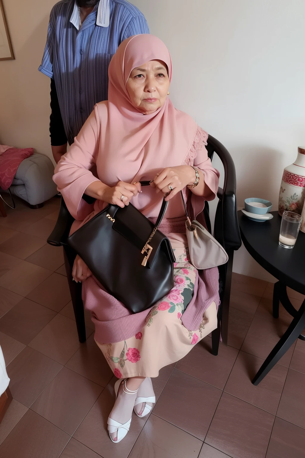 woman sitting in a chair with a purse and a man standing behind her, inspired by Nazmi Ziya Güran, older woman, faridah malik, inspired by Naza, beautiful lady, inspired by Ingrida Kadaka, she is about 7 0 years old, handbag, 3 0 years woman, by Basuki Abdullah, holding a leather purse, mom, malaysian