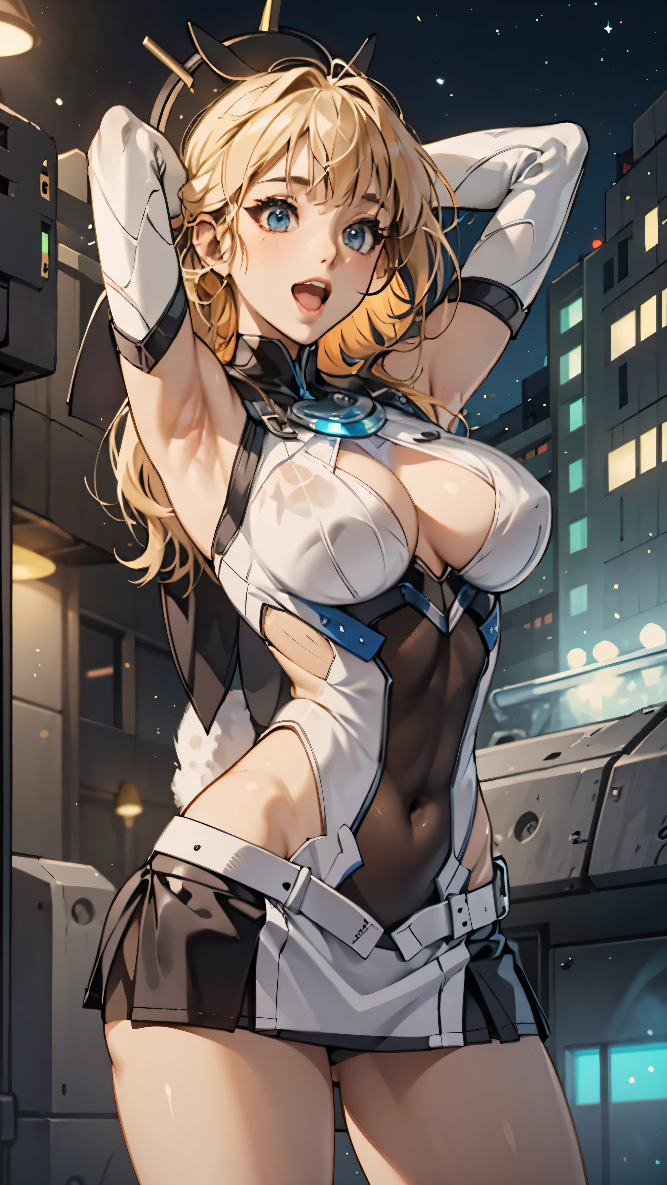 woman,20-year-old,,city,night,((white tight miniskirt bodysuit)),(Harada Makoto),open mouth smile,(((See-through))),((blonde)),long hair