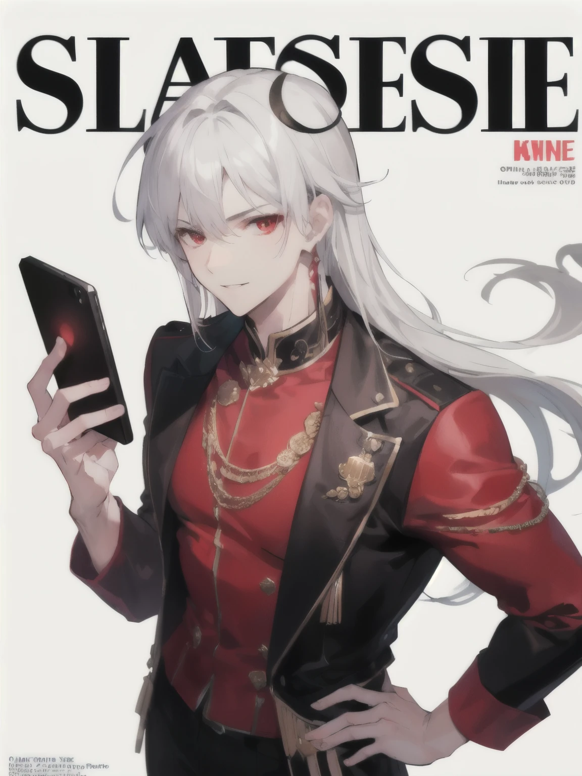 ((melhor qualidade)), ((obra de arte)), (detalhado), rosto perfeito, best quality, artwork, symmetrical, Super High Resolution, only 1 adult man, handsome man, long straight hair, white hair, (holding a smartphone), relaxed smile, red eyes, view from above, handsome man face, manly, magazine cover pose, simple red background, (black, red simple clothes), king type of clothes adorned in gold, muscle body, noble looking, solemn looking, upper torso only, mature man face
