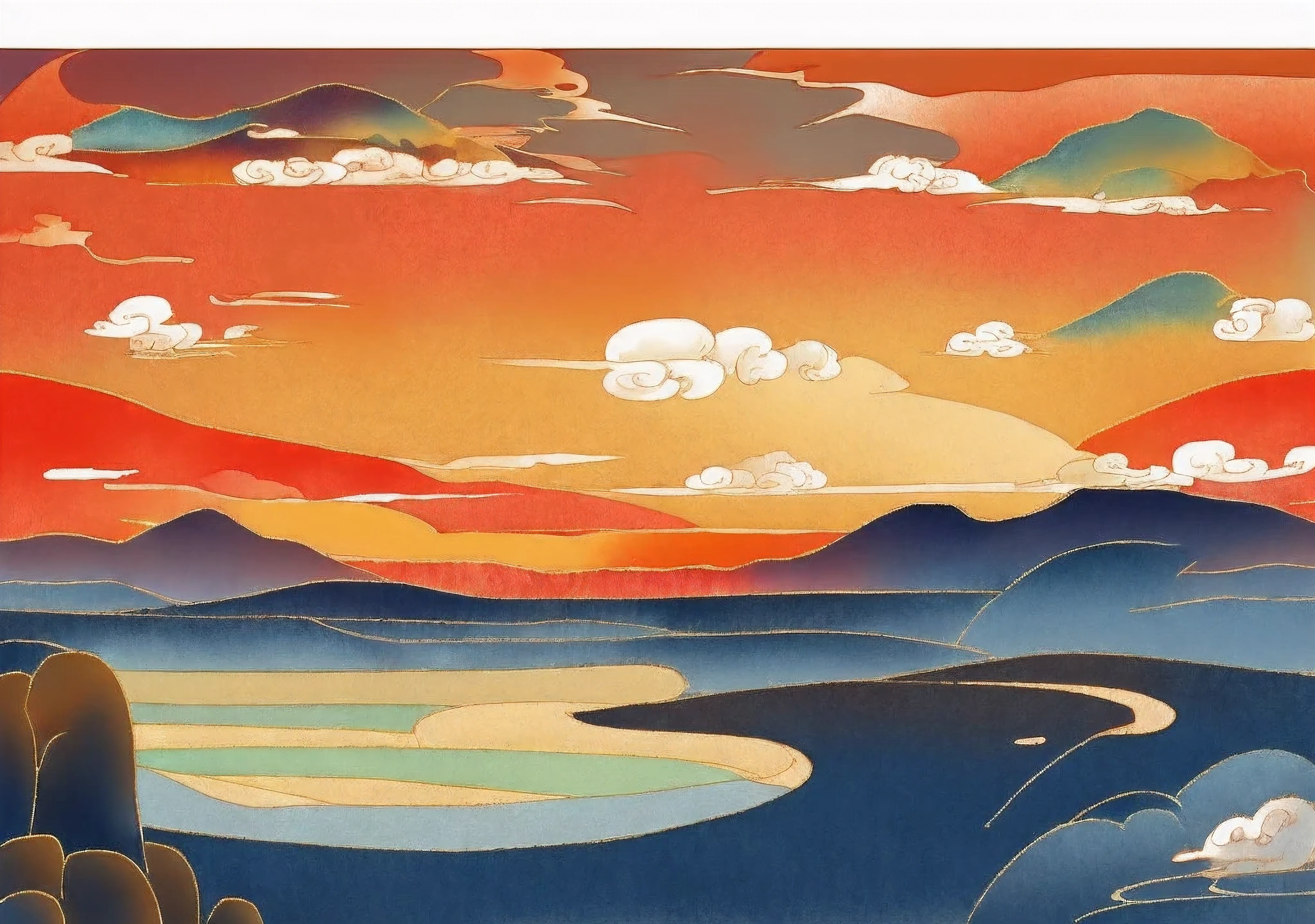 Chinese Feng Shan Shui，The background is the sunset, inspired author：Edvard Munch, Colorful colors，There are mountains in the distance，Near sea water，Color blocks with distinct layers，clear lines，Vision，There is a giant dragon in the sky，clouds around