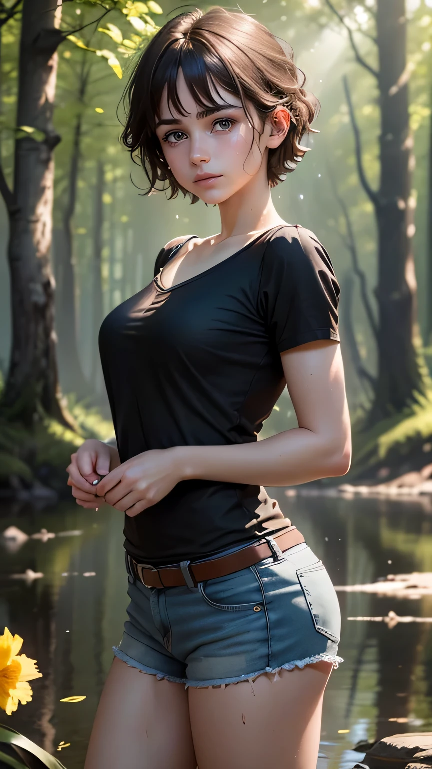 top quality, masterpiece, ultra high resolution, (photoreal: 1.1), 16yo, Holding a daffodil with both hands, RAW photos, one girl, medium short hair, Short sleeve t-shirt, black t-shirt, shorts, crying, out of helping, cinematic lighting, slightly sweaty, sparkly skin ,beautiful and delicate face, ln the forest, Lake Background, beautiful delicate eyes , (realistic, photo realistic:1), Awards, super beautiful, (victorian)