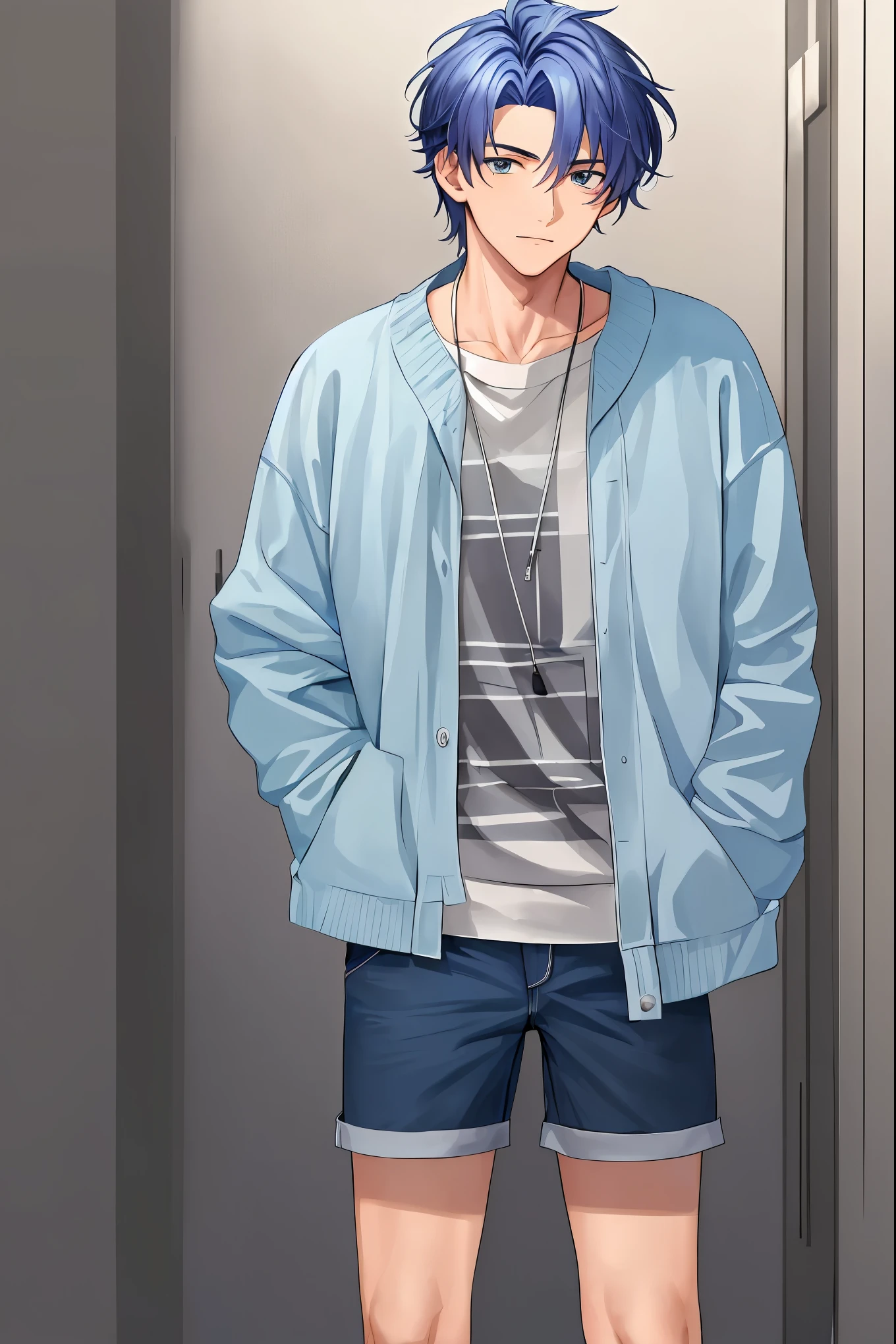 absurdres masterpiece pastel high quality a close up of a male person in a casual outfit with blue grey pantone details, handsome guy, cool boy, arina tanemura art style, character by arina tanemura