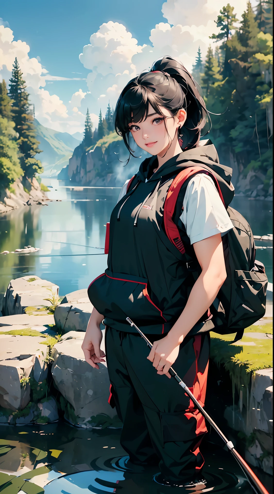 masterpiece、High resolution 8K、sharp focus、contrast lighting、ultra high resolution、ultra high resolution、Detailed CG、Low - Angle、full body shot、Beautiful woman、beautiful eyes、(detailed face and iace:1 2)、narrow eyes、almond eye、brown eyes、gradation eye、highlight:1.2)、(beautiful black hair、middle、asymmetrical bangs、high top fade、ponytail、(plump lips、glossy lips、small chest size) 、(oval face : 1.4)、(thin fingered arms、detailed human hand)、川でWoman Fishing、Beautiful and wide river、Flowing waterfall、rock surface、moss、forest、Mont、blue sky、Flowing clouds、vapor、mist、full body pose、Holding a fishing rod in your hand、Fishing lure rod、Outdoor Vest、hoodie、Waders、Long pants for fishing、Big backpack)、Have a long fishing rod、hold the fishing rod facing the water、Woman Fishing、mischievous smile、teeth visible、Angle from the front、Standing in the river