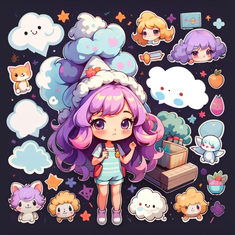 sticker,1 girl,cute,cute,cute,chibi simple background,A girl with long, fluffy pink hair and a boy with purple mash hair