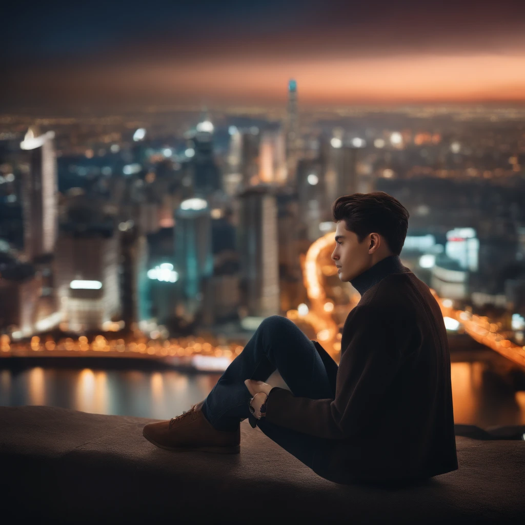 top quality、Masterpiece、ultra high resolution、(Realism:1.4)、original photo、Young and handsome man、(night city background:1.2)