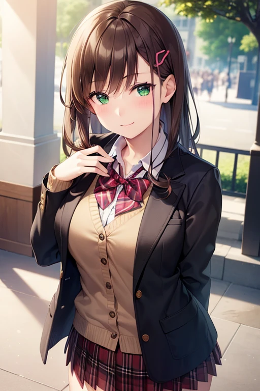 ((masterpiece, best quality, highres, UHD, perfect pixel, depth of field, 4k, RTX, HDR))), 1girl, single, solo, beautiful anime girl, beautiful artstyle, anime character, ((long hair, bangs, dark brown hair, curly hair:0.4, simple hair pin)), ((green eyes:1.4, rounded eyes, beautiful eyelashes, realistic eyes)), ((detailed face, blushing:1.2)), ((smooth texture:0.75, realistic texture:0.65, photorealistic:1.1, anime CG style)), medium breasts, ((dynamic angle, close up, pov)), perfect body, ((red bowtie, school uniform, black jacket, open jacket, brown cardigan, white shirt, black skirt, plaid skirt)), smile, hand behind back, leaning forward, amusement park, cherry blossoms