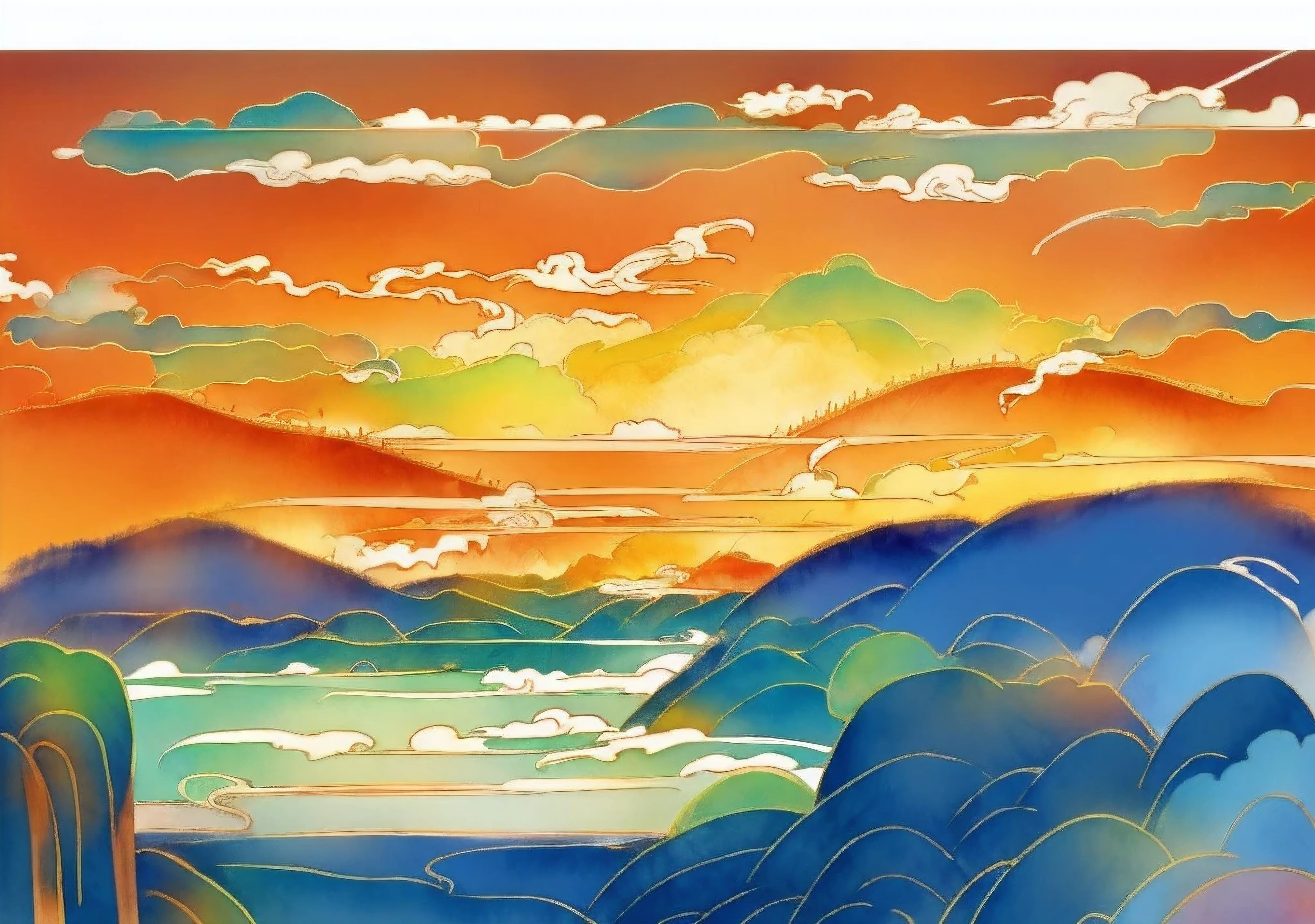 There are mountains，Chinese Feng Shan Shui，The background is the sunset, inspired author：Edvard Munch, Colorful colors，远There are mountains，Near sea water，Color blocks with distinct layers，clear lines，Vision，There is a giant dragon in the sky，Chinese dragon，Shenlong，clouds around