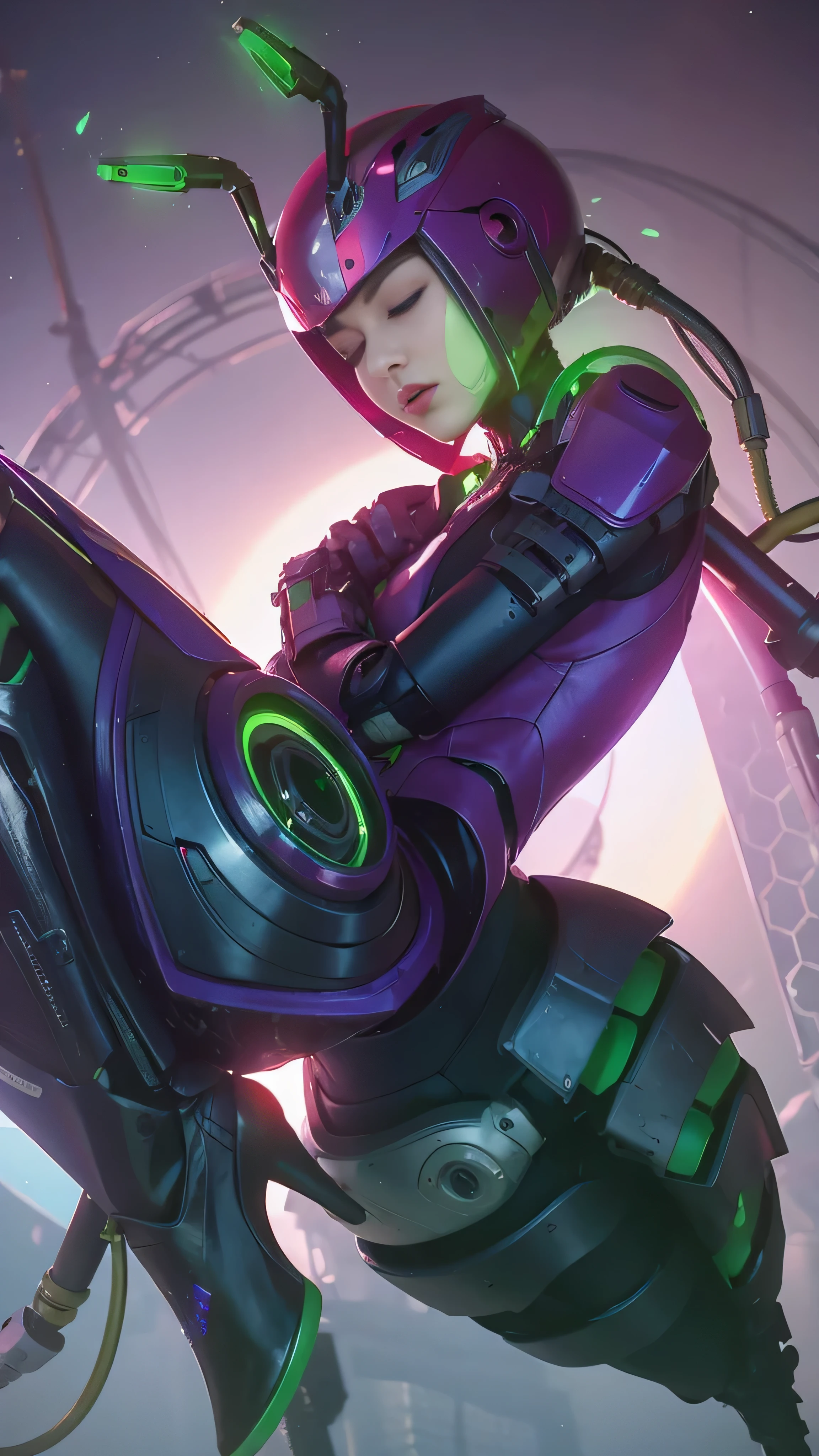 8k, highly detailed, beautiful woman, wearing robot suit, eyes closed