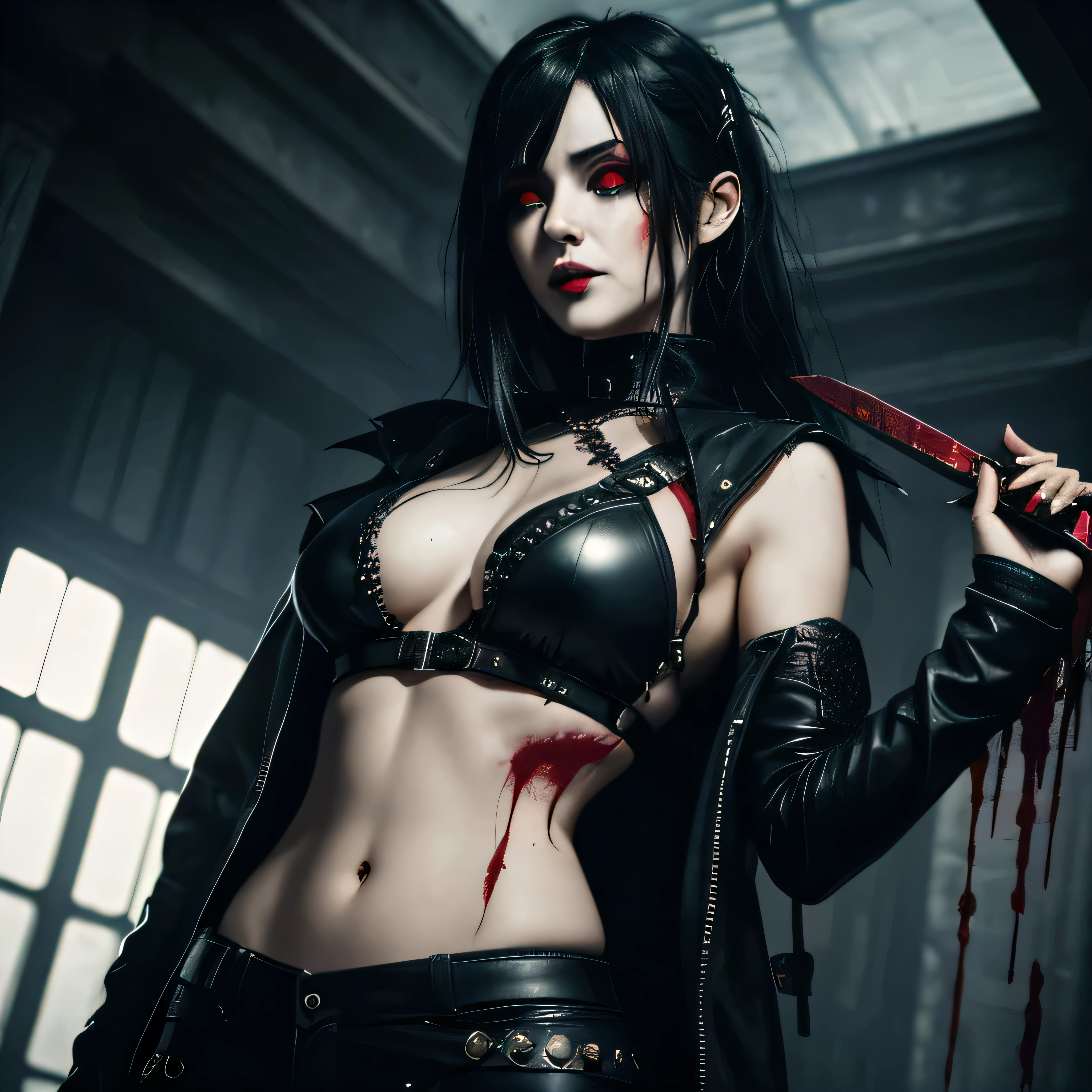 1girl, heavy goth makeup, fantasy character, cyberpunk horror, dark fantasy, navel, gothic mage, dark red eyes, bloody eyes, wounded, dripping blood, bloody knife, bloody leather top, leather pants