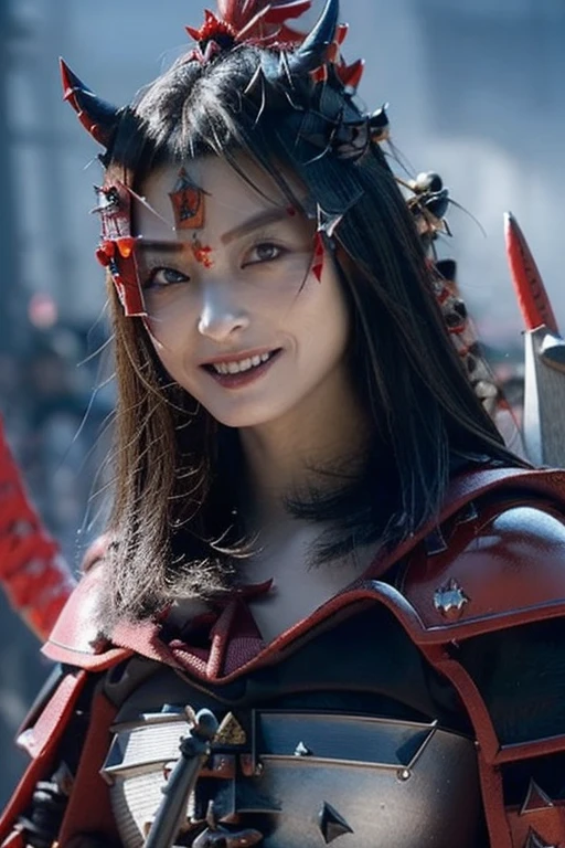 Highest quality, masterpiece, 16K, (raw photography, photorealistic, ultra-detailed, ultra-high resolution:1.3), (fantasy, medieval Japan:1.4), cinematic lighting, professional photo, (correct , perfect body, correct body proportion:1.5), dynamic, sharp focus, depth of field, (intricately detailed face, ultra-realistic skin texture:1.1), (from front:1.4), 1 girl, solo, ((cowboy shot:1.1)), looking at viewer, ((witch daimyo:1.4)), black hair, short hair, ((silver crown with 4 spikes:1.2)), ultra-detailed eyes, bright eyes, ((red iris:1.3)), highly detailed nose and lips, beautiful nose, glossy lips, (expressive face:1.4), ((evil smile:1.3)), ((red samurai armor, emitting evil aura:1.5)), ((black cape:1.3)), (slender, beautiful breast:1.3), (perfect body proportion:1.4), during a battle and massacre, (wielding a cursed katana:1.5), (((daytime, noon, outdoor:1.1))), (((accompanied with her own army:1.5))), ((burning and destroyed castle in the backgorund:1.4)),