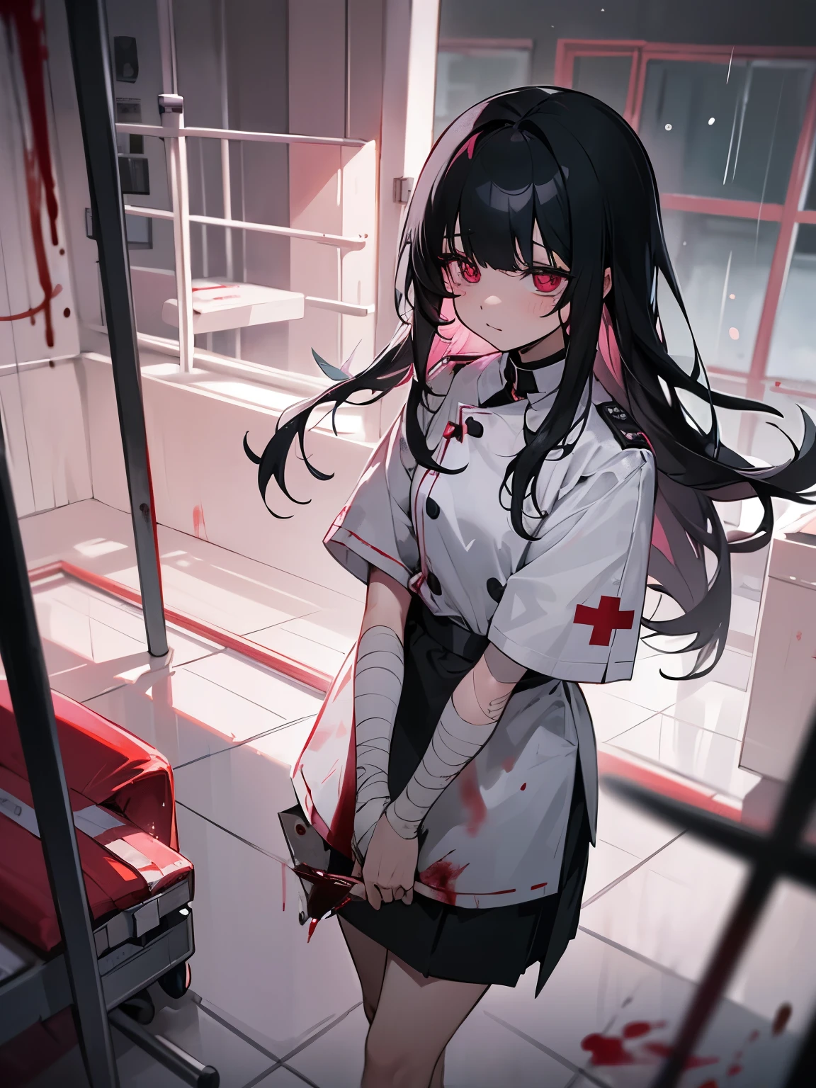 Blood droplets、blood、Internal organs、hospital、白と黒のnurse uniform、Bandages on both arms、Bandage on the leg、have a knife、cadaver、impatient face、be bothered、panic、hospitalの中、hospital room、desolation、window、black hair、pink eyes、long hairBlood droplets、blood、Internal organs、hospital、long hair、Let your hair down、disheveled hair、20-year-old、anxiety、panic、black and white short skirt、nurse uniform、aldult、kind、Blood droplets、short bangs、adult