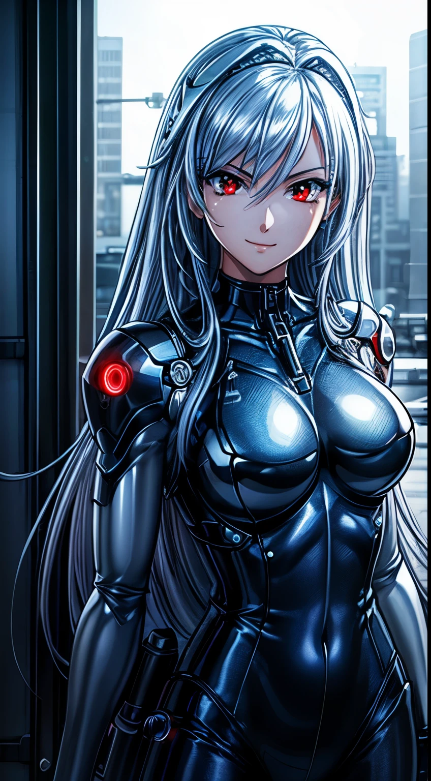 top-quality、​masterpiece、超A high resolution、(Photorealsitic:1.4)、1人、Light blue hair、Straight hair, shiny and clean hair、White shiny skin、Sexy Cyberpunk Girl、((super realistic details))、Shadow、octan render、ultrasharp、hyperdetailed face、Fiberglass、Luminous tube、highly intricate detail、Realistic light、CGSoation Trends、(red eyes with slit pupils)、(Facing the camera)、neon details、Mechanical limbs、Mechanical vertebrae attached to the back、mechanical cervical attaching to neck、Wires and cables connecting to the head、((valkyrie))、((Beam Cannon))、Combat stance、((seductive pose:0.8))、(light_Smile:1.0)、full body、