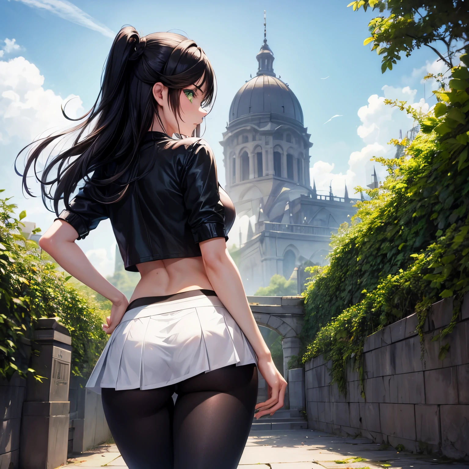 view from behind, facing away, black hair, green eyes, busty, slender, pale skin, crop top, tights, sneakers, short