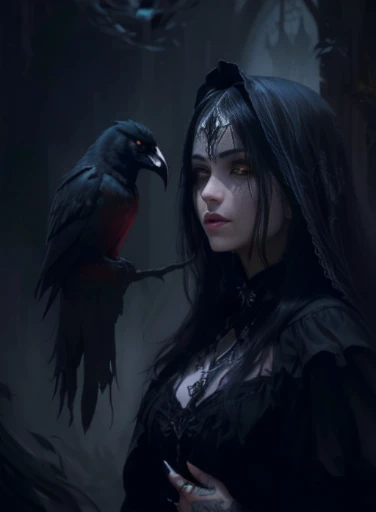 mulher arafada com um corvo no ombro e um corvo no ombro, in style of arte de fantasia sombria, arte escura de fantasia, arte de fantasia sombria, estilo de fantasia sombria art, fantasia sombria misturada com realismo, vampira com asas de corvo, estilo de fantasia sombria, gothic fantasy art, retrato de fantasia sombria, gothic maiden of the dark, retrato de uma bruxa negra, gothic maiden