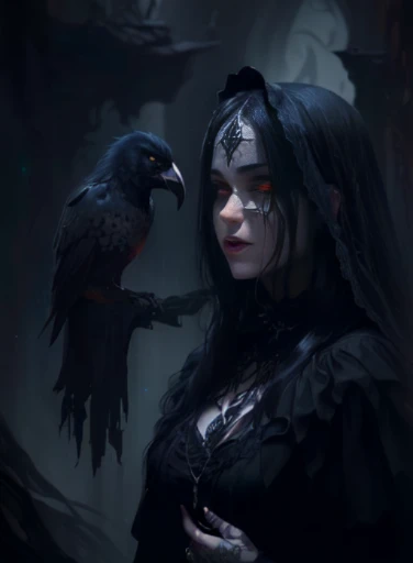 mulher arafada com um corvo no ombro e um corvo no ombro, in style of arte de fantasia sombria, arte escura de fantasia, arte de fantasia sombria, estilo de fantasia sombria art, fantasia sombria misturada com realismo, vampira com asas de corvo, estilo de fantasia sombria, gothic fantasy art, retrato de fantasia sombria, gothic maiden of the dark, retrato de uma bruxa negra, gothic maiden