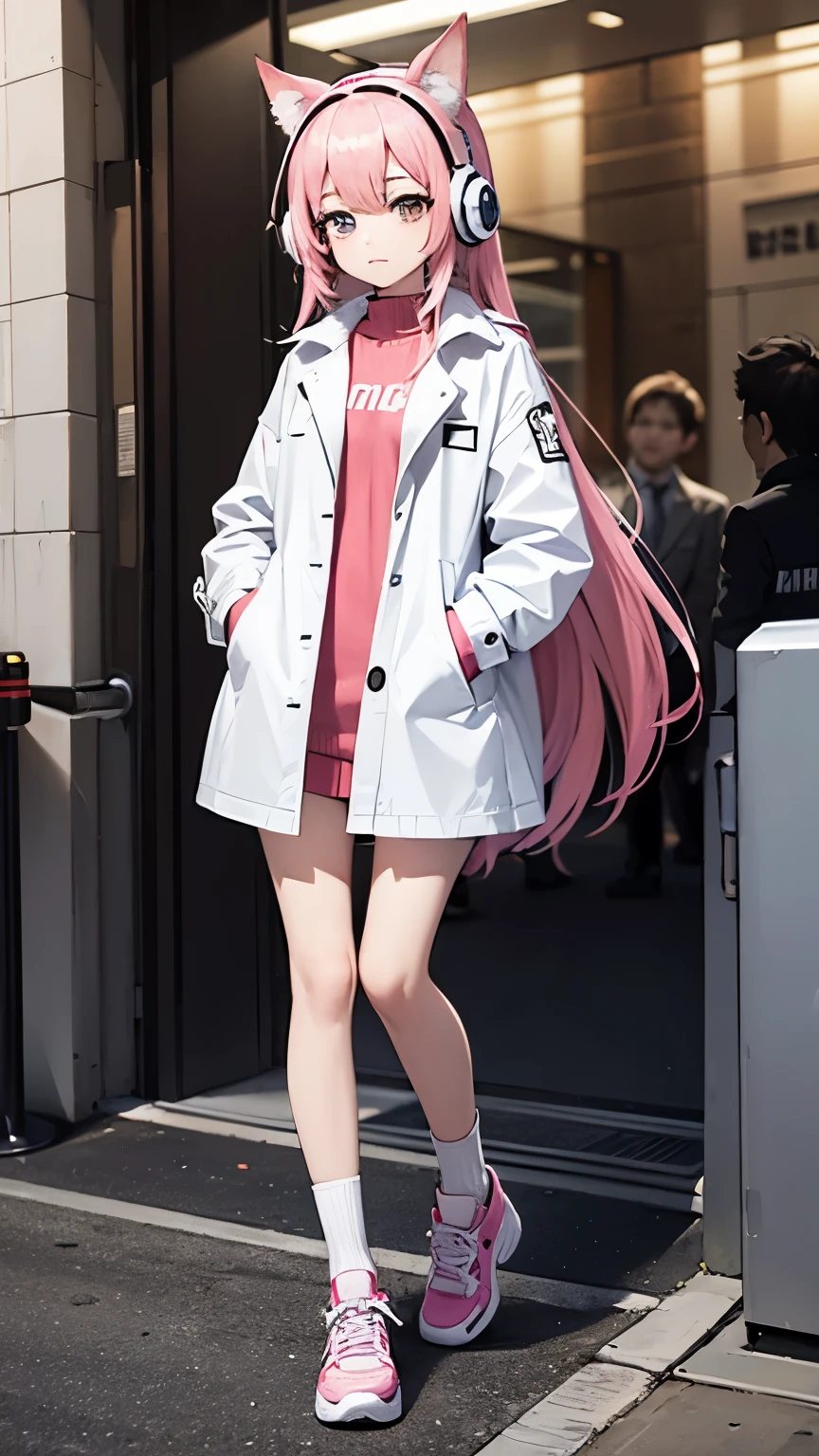 Girl with pink hair，long hair，With cat ear headphones，Wearing a long white trench coat，whole body，Wearing pink socks on legs