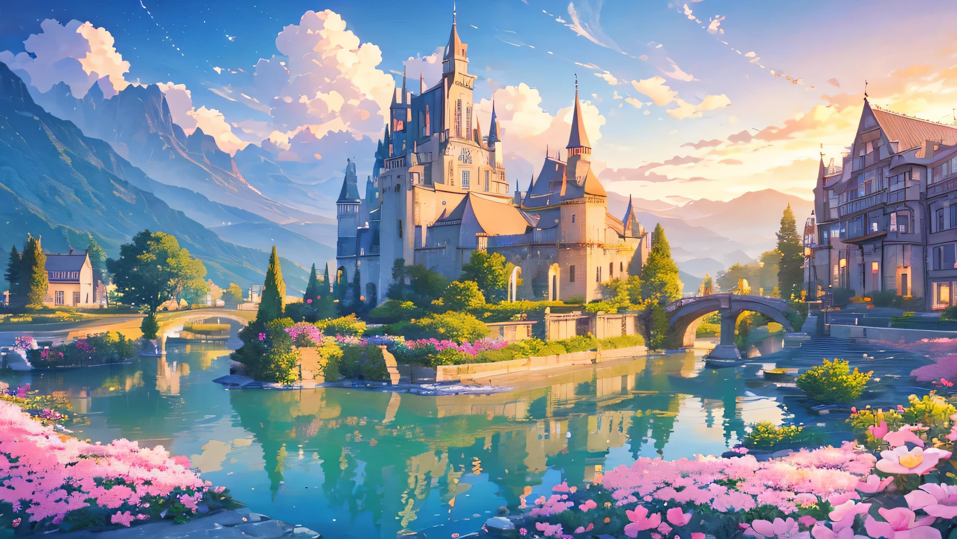 beautiful castles in the night in a lake, some castles are floating and it's the night with clouds and stars. Romantic with dragons and pink flowers