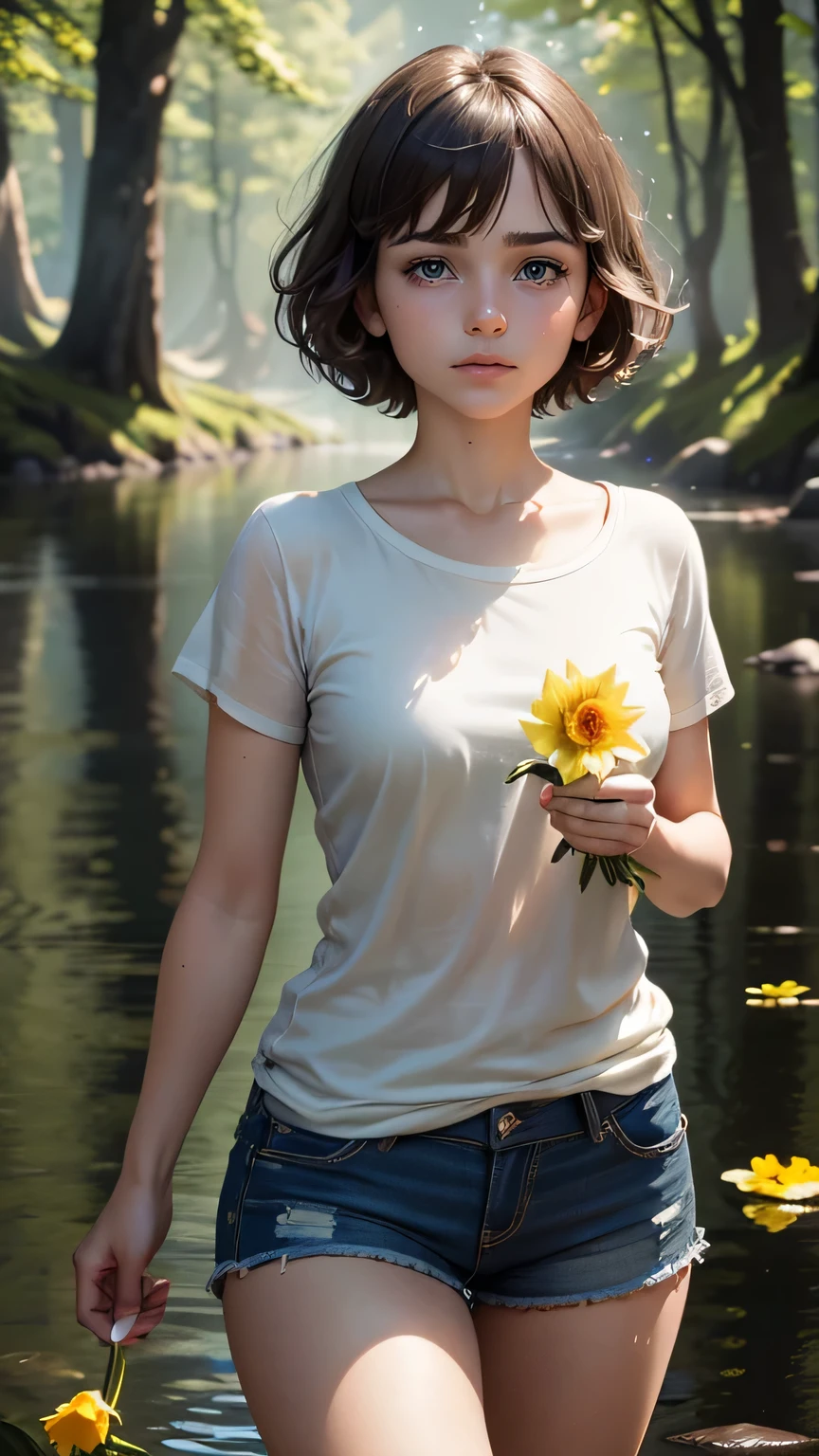 top quality, masterpiece, ultra high resolution, (photoreal: 1.1), 15yo, Holding a daffodil with both hands, RAW photos, one girl, medium short hair, Short sleeve t-shirt, black t-shirt, shorts, crying, out of helping, cinematic lighting, slightly sweaty, sparkly skin ,beautiful and delicate face, ln the forest, Lake Background, beautiful delicate eyes , (realistic, photo realistic:1), Awards, super beautiful, (victorian)