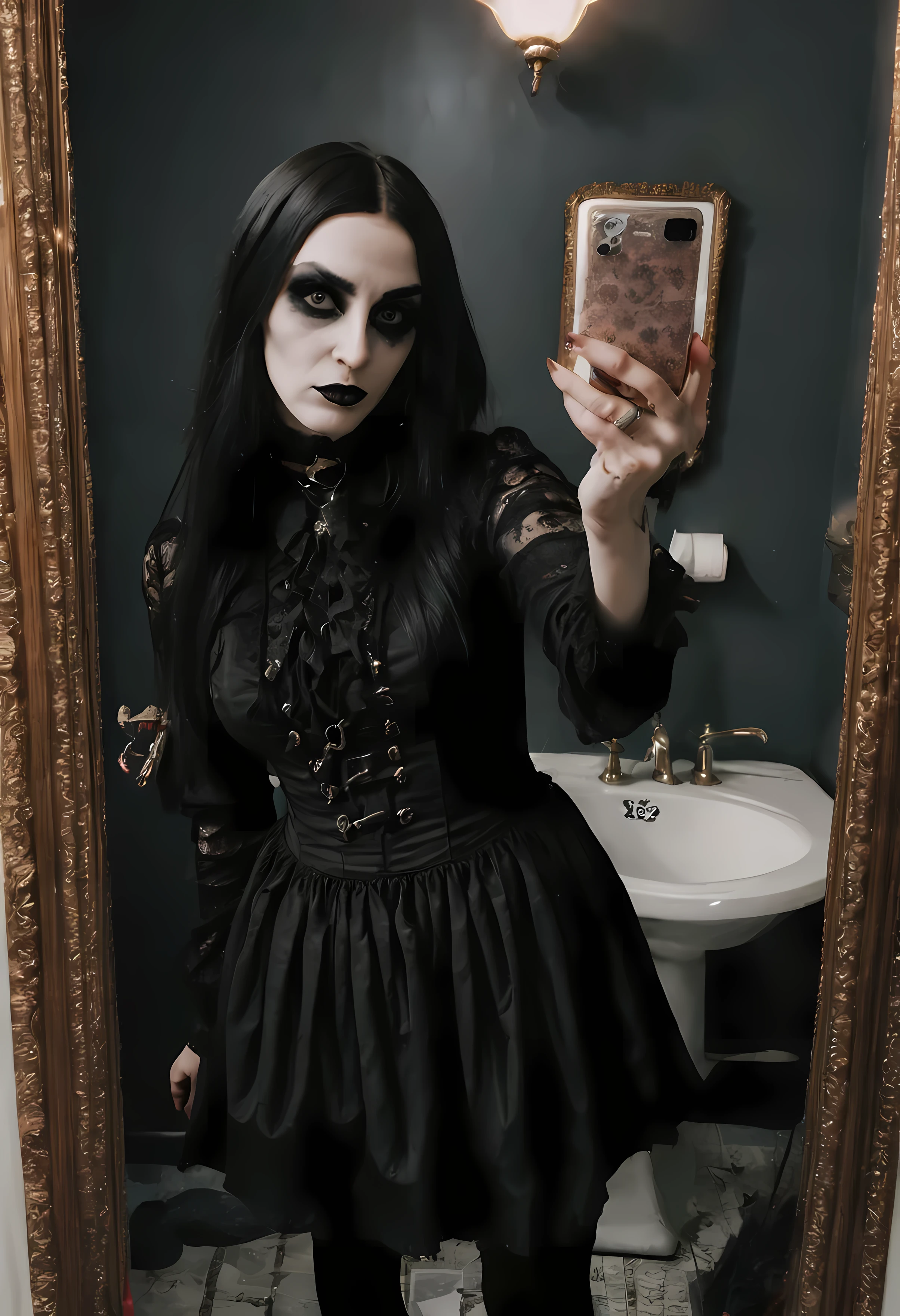 araffe dressed in gothic clothing taking a selfie in a bathroom, gothic outfit, wearing a gothic dress, gothic horror vibes, witchcore clothes, wearing modern gothic clothes, ornate goth dress, goth style, gothic!!, dark gothic dress, gothic style, gothic aesthetic, gothic dress, gothic clothes, gothic wearing, ornate dark red opulent clothing