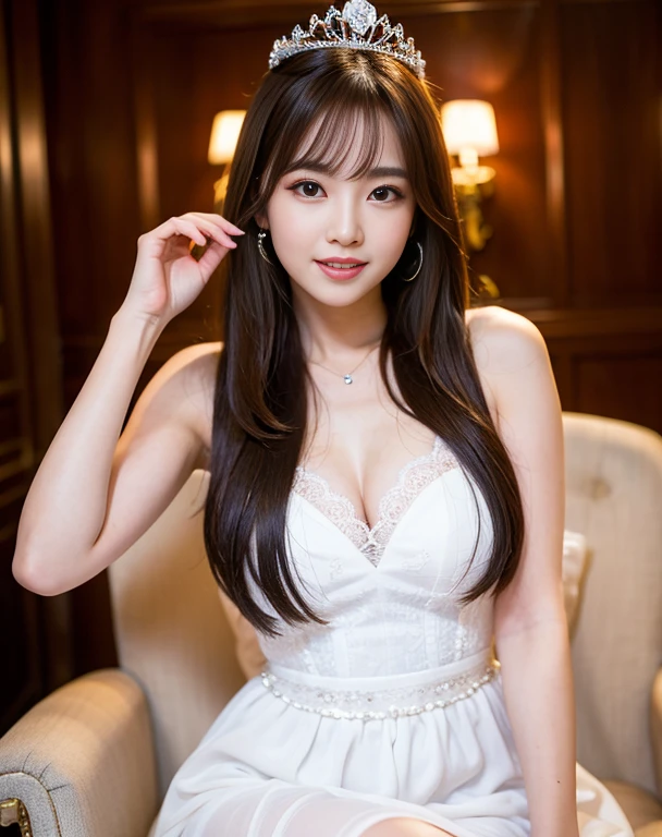 beautiful,K-POP idol,japanese idol,japanese actress,High resolution,beautiful skin,8K,RAW photo,highest quality,masterpiece,realistic,photo-realistic,clear,professional lighting,beautiful顔,highest quality,超High resolution,sexy,beautiful唇,white teeth,beautiful歯列,smile,dress,tiara,Queen,throne