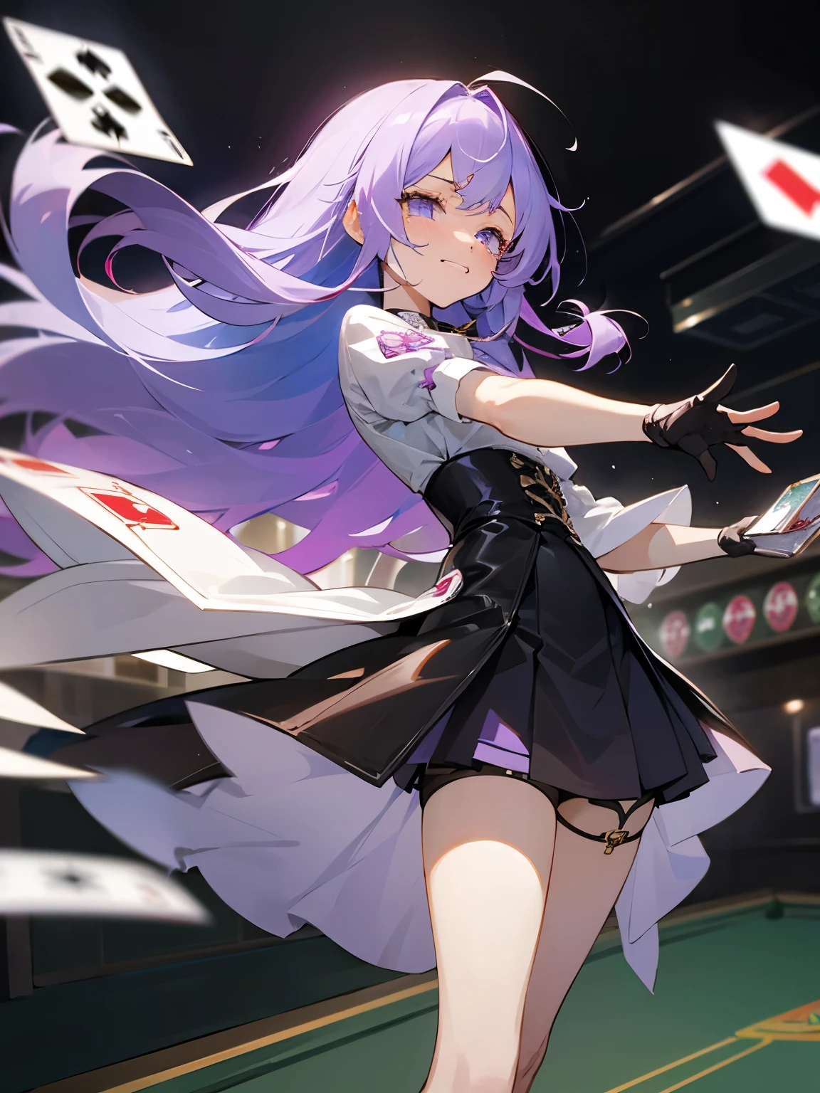 anime illustration、girl、hair color white and light purple、Clothes look like gambling、A lot of waist exposure、Thigh garter belt、A little sister style、Make sure you can see your whole body、upward glance、A little troubled face、half crying smile、Long hairstyle with lots of volume、Bangs Patsun、gambling place、I have playing cards、Uplifting、black leather gloves、manager、Babumi、gem、transparency