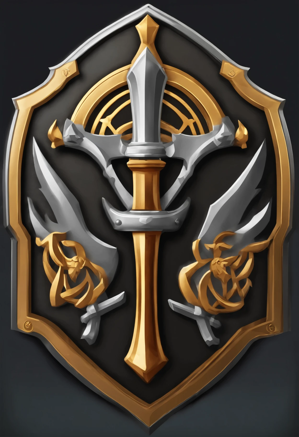 （Game achievement badge design），a Shield，silver medal，Flat 2D Effects，Wheat border ears，(In the center of the medallion there is an icon at the intersection of the hammer and the wrench)、sword and magic