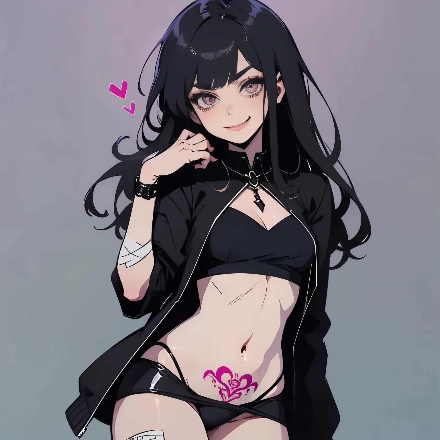 1 girl, solo, anime girl, vampire girl, gloomy coquettefashion, dark coquette, black cardigan, crop top, black skirt, low waisted skirt, thong underwear, blood in clothes, bloody bandages around wrists, (black hair, bangs, long hair, messy hair) heart-shaped pupils, pink eyes, longeyelashes, crazy eyes, smirk, yandere, menhera, fang, anime, depth of field, masterpiece, high quality, ((womb tattoo))