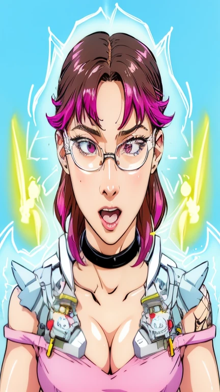 anime girl with pink hair and glasses holding a knife, holy cyborg necromancer girl, angry female cyborg, anime style character, cyberpunk angry gorgeous goddess, anime style illustration, perfect anime cyborg woman, vaporwave cartoon, inspired by Leiko Ikemura, anime style portrait, 8 0 s anime art style, molly from neuromancer, 8 0 s anime style
