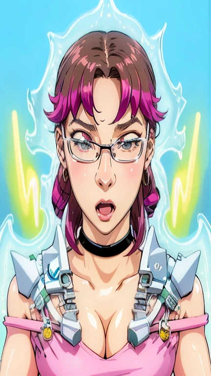 anime girl with pink hair and glasses holding a knife, holy cyborg necromancer girl, angry female cyborg, anime style character, cyberpunk angry gorgeous goddess, anime style illustration, perfect anime cyborg woman, vaporwave cartoon, inspired by Leiko Ikemura, anime style portrait, 8 0 s anime art style, molly from neuromancer, 8 0 s anime style