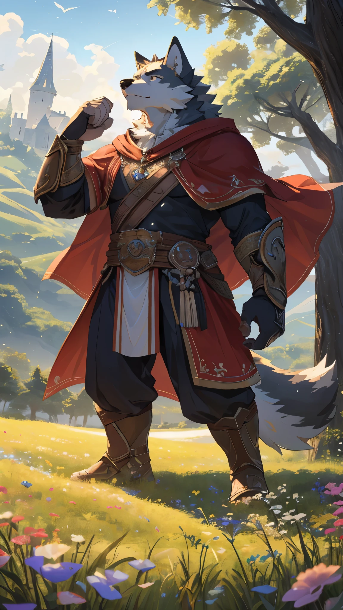 Anthro((dramatic))epic, dynamic pose, One scene of movie, An extreme perspective with a powerful composition, absurdres, Perfect Anatomy, magnificent picture of kemono fighting fierce battles, (ultra detailed), sharp focus, niji, eyesgod, black eye, furry, light-white fur, brown fur, white beard, anthro (wolf), male, middle-aged, gray body, white belly, tail, muscular, knight costume, long red cherry cloak, ultra detailed face, depth of field, motion blur, high details, high quality, award winning, HD, 16k, (best quality,4k,8k,highres,masterpiece:1.2),ultra-detailed,realistic:1.37,HDR,UHD,studio lighting,extreme detail description,professional,vivid colors,bokeh,lively atmosphere, natural lighting, wide view, soft color tones, (vibrant colors), (subtle lighting), (natural, realistic), (serene atmosphere), (peaceful mood), (gentle breeze), (harmonious composition), (distant horizon), (ethereal beauty), (serene landscape), (dreamlike scenery), (tranquil setting), (calming ambiance), (impressionistic style), (captivating scenery), (sublime beauty), (timeless elegance), (evocative atmosphere), (majestic vista), (gentle pastel hues), (serenity and tranquility), (standing at field looking up:1.5), (castle at distance:1.2), (tree nearby:1.4)