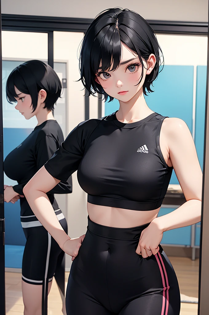 Side-cut short hair,black hair, The expression of color,whole body,yoga clothes,sports shoes,whole body,standing posture,Royal sister,