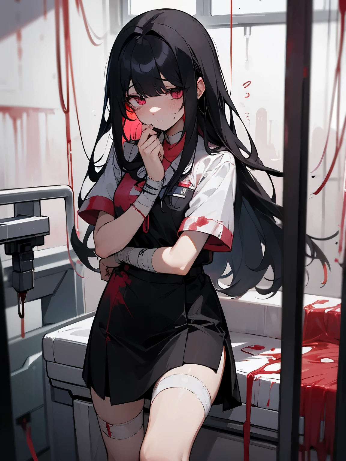 Blood droplets、blood、Internal organs、hospital、白と黒のnurse uniform、Bandages on both arms、Bandage on the leg、have a knife、cadaver、impatient face、be bothered、panic、hospitalの中、hospital room、desolation、window、black hair、pink eyes、long hairBlood droplets、blood、Internal organs、hospital、long hair、Let your hair down、disheveled hair、20-year-old、anxiety、panic、black and white short skirt、nurse uniform、aldult、kind、Blood droplets、short bangs、adult