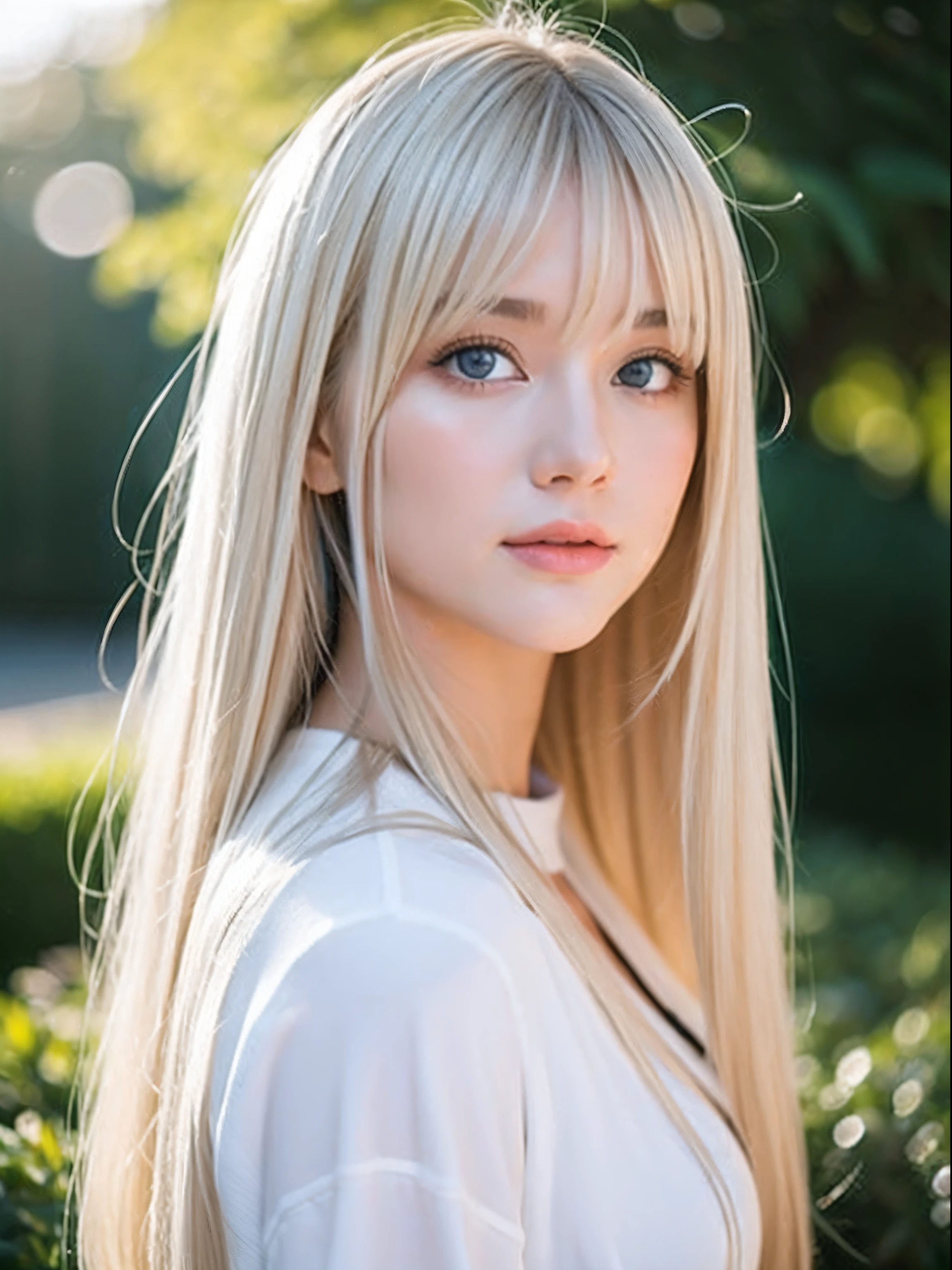 shiny beautiful white skin、Hair color changes with light、Long bangs block the view、Highlights of cheek luster、Sexy and very beautiful nice cute gorgeous face、The most beautiful face in the world、The most beautiful super long blonde hair in the world、Smooth straight hair、Bright light blue eyes that shine、Beautiful bangs、Beautiful Swedish beauty girl at 、a baby face