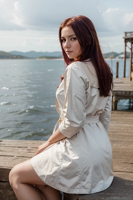 ((fantasy setting)), (old fashioned), (realistic), (looking over shoulder at camera), (year 1400), (western), 1 girl, maroon hair, sitting on pier, relaxed, 20 years old, white dress, busy surroundings, brown coat