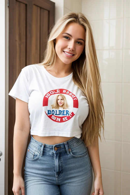 realistic background, blonde natural long hair, large breast, wearing a tshirt and jeans, in the bathroom