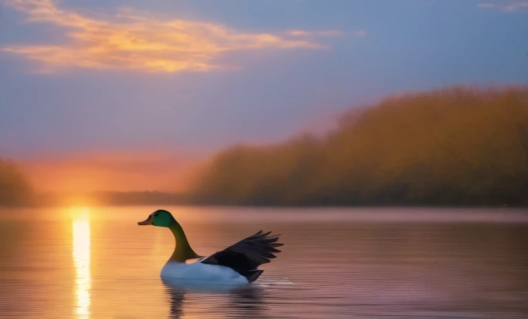 arafed duck flying over a lake at sunset with a reflection, flying through sunset, beautiful nature, beautiful photo, very beautiful photo, bird flying out of water, goose, beautiful dusk, going forward to the sunset, treading above calm water, soaring, duck, peaceful and graceful, by Scott Gustafson, subject= duck, take off, cuack,cuac,cuak
