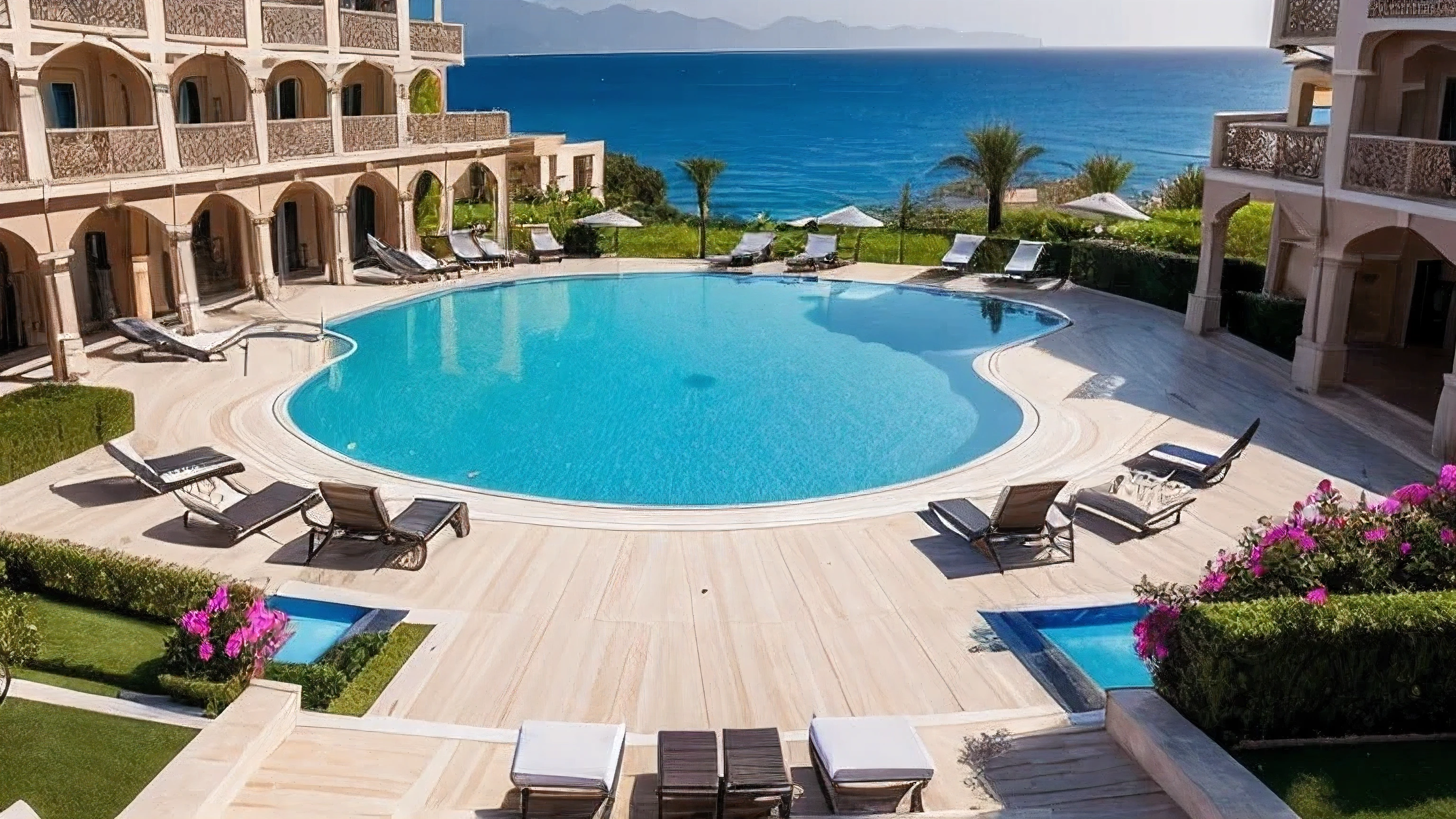 (masterpiece:1.4), (Best quality:1.4), extremely detailed, difficult, hyper detailed, photorealistic, view from the 5th floor balcony of a Turkish resort hotel, sea, pool, beautiful park, у poolа красивые девушки в купальниках
