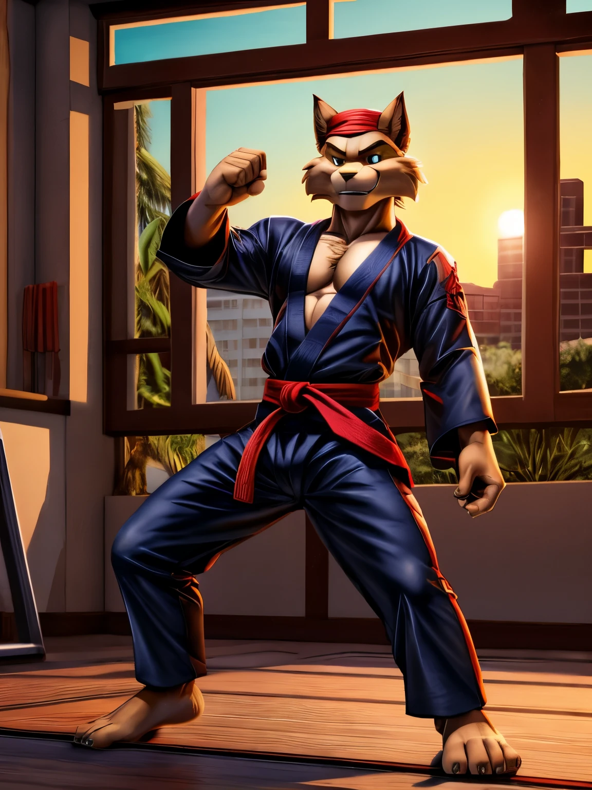 Barefoot Jason Clawson is doing a kick with his leg, wearing black karate kimono with red belt, red Headband bandana, long pants with heel grip, long karate kimono pants, training karate in gym, green glow in his eyes, brainwashed look. high resolution, anatomically correct, evening sky outside the window, swat kats character, martial art pose, heroic muay thai stance pose, fighting stance, kung-fu stance, high kick karate pose, full body action pose, black kimono, black long pants