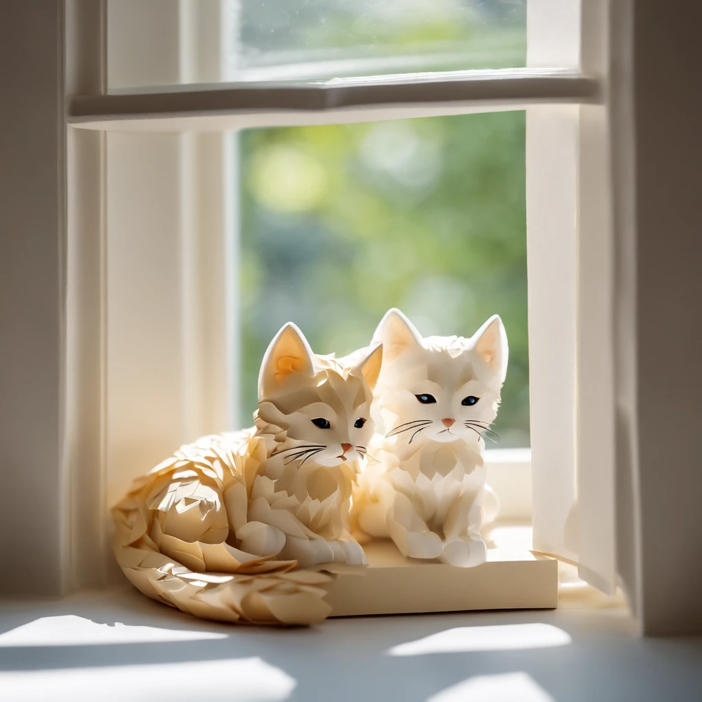 Gentle photo of a kitten napping by a sunny window, indoor setting, Nikon Z6, portrait lens, domestic tranquility, soft sunlight.