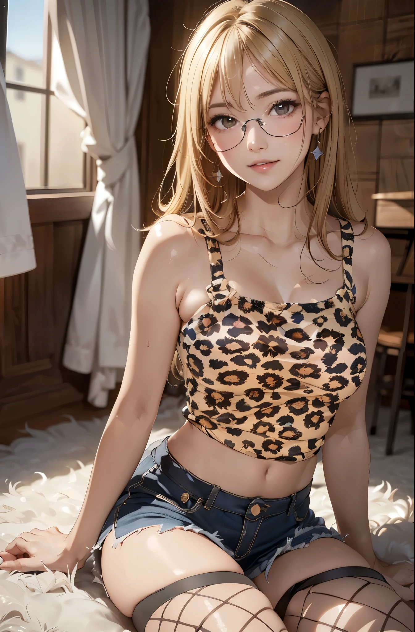 ((Highest quality、In 8K、masterpiece:1.3))、((Very large breasts:1.3))、((Photorealistic、Perfect Style:1.3))、((Beautiful 18 year old woman、One Woman:1.4))、((She has a slim waist and large breasts, like a gravure idol.、Highly detailed face and skin texture with beautiful eyes、Eye highlights:1.5))、((Blonde Short Hair:1.3))、((Gal-style Japanese women、Grey hoodie、Leopard print miniskirt、Pink Panties、The brown skin is slimy and shiny.、Glasses:1.3))、((Peach gyaru makeup、Inside a super secret, extremely small one-person tent、Sitting cross-legged、Lantern and bonfire、evening、The interior of the tent is decorated with stylish and moody lighting.、faint smile、Drunk and red in the face:1.3))、((Japanese sake、Grilled squid:1.3))