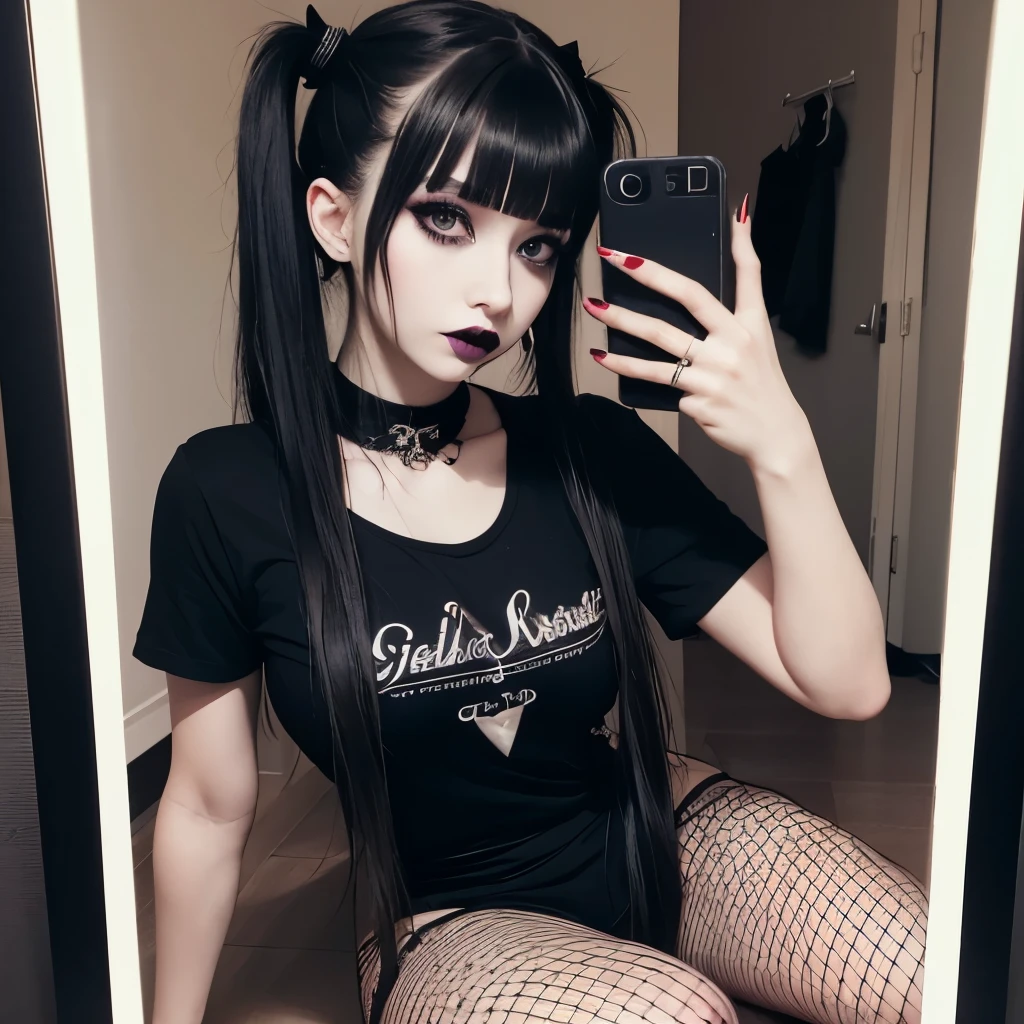 1girl, solo, woman, goth, shag with curtain bangs, black hair, black lips, black lipstick, eyeliner, msacara, eye shadow, mirror selfie, tshirt, bedroom, goth girl, pale skin, sitting, goth makeup, dark eyes, smoky eyes, panties, full body, fishnets, photorealistic, ahg, rolling eyes