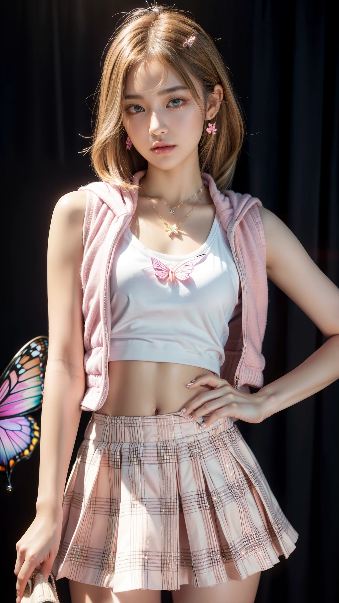(Ultra-detailed eyes), (((textile shading))), (((Best Quality))), (((masutepiece))), (((Ultra-detailed CG))), sassy girl, (((magical little girl))), (Petite), (tiny chest), blonde little bit caramel gorgeous hair, chic cute hairstyle, ((gorgeous hair)), (((chic style, look cute. Plaid sleeveless skirt, Butterfly hooded jacket, letter short vest, Rhinestone Stud Butterfly Necklace, the outfit color is pink and white, y2k))), ((striking a pose)), (((Game CG)) (gorgeous, sassy, it girl), fancy jewelry, full led on background, sparkling led on background, retro light, summer vibe, light led on background, light retro led, magic disco light led, strong 80s atmosphere,, cowboy shot, midshot, centered image, eye on camera, front look