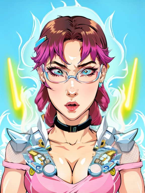 anime girl with pink hair and glasses holding a knife, holy cyborg necromancer girl, angry female cyborg, anime style character, cyberpunk angry gorgeous goddess, anime style illustration, perfect anime cyborg woman, vaporwave cartoon, inspired by Leiko Ikemura, anime style portrait, 8 0 s anime art style, molly from neuromancer, 8 0 s anime style