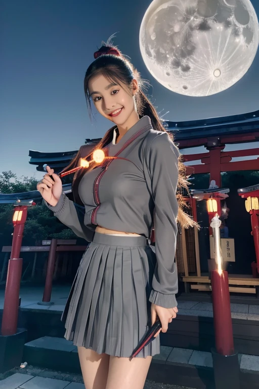 Top quality, masterpiece, extremely detailed CG unity 16K wallpaper, ultra-high resolution, high definition, (perfect body, correct anatomy:1.5), (from front view:1.4), dynamic, professional photo, raw photo, photorealistic, cinematic lighting, 1 girl, ((Japanese teen, 16 years old:1.1)), ((evil witch:1.3)), cowboy shot, solo, looking at viewer, intricately detailed face, hyper-realistic skin texture, brown hair, (ponytail:1.3), glossy hair, short hair, highly detailed skin, highly detailed eyes, bright eyes, ((red iris:1.2)), ultra-realistic nose and lips, slim outline of the face, expressive face, (evil smile:1.4), ((Japanese high school uniform, dark gray serafuku, long sleeves, pleated skirt:1.5)), slender, medium breast, ((perfect body proportion:1.3)), (((holding 1 magic wand, doing witchcraft:1.5))), (((emitting dark aura:1.2))), (((outdoor, old shinto shrine, night, full moon on the sky, countryside:1.3)))