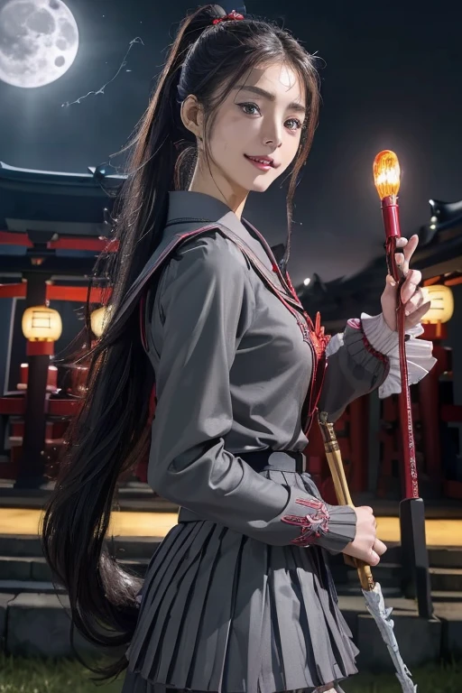 Top quality, masterpiece, extremely detailed CG unity 16K wallpaper, ultra-high resolution, high definition, (perfect body, correct anatomy:1.5), (from front view:1.4), dynamic, professional photo, raw photo, photorealistic, cinematic lighting, 1 girl, ((Japanese , 16 y)), ((evil witch:1.3)), cowboy shot, solo, looking at viewer, intricately detailed face, hyper-realistic skin texture, brown hair, (ponytail:1.3), glossy hair, short hair, highly detailed skin, highly detailed eyes, bright eyes, ((red iris:1.2)), ultra-realistic nose and lips, slim outline of the face, expressive face, (evil smile:1.4), ((Japanese high school uniform, dark gray serafuku, long sleeves, pleated skirt:1.5)), slender, medium breast, ((perfect body proportion:1.3)), (((holding 1 magic wand, doing witchcraft:1.5))), (((emitting dark aura:1.2))), (((outdoor, old shinto shrine, night, full moon on the sky, countryside:1.3)))