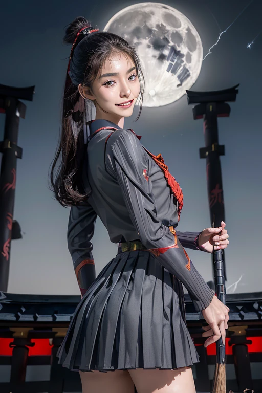 Highest quality, masterpiece, 16K, (raw photography, photorealistic, ultra-detailed, ultra-high resolution:1.3), (fantasy, medieval Japan:1.4), cinematic lighting, professional photo, (correct , perfect body, correct body proportion:1.5), dynamic, sharp focus, depth of field, (intricately detailed face, ultra-realistic skin texture:1.1), (from front:1.4), 1 girl, solo, ((cowboy shot:1.1)), looking at viewer, ((witch daimyo:1.4)), black hair, short hair, ((silver crown with 4 spikes:1.2)), ultra-detailed eyes, bright eyes, ((red iris:1.3)), highly detailed nose and lips, beautiful nose, glossy lips, (expressive face:1.4), ((evil smile:1.3)), ((red samurai armor, emitting evil aura:1.5)), ((black cape:1.3)), (slender, beautiful breast:1.3), (perfect body proportion:1.4), during a battle and massacre, (wielding a cursed katana:1.5), (((daytime, noon, outdoor:1.1))), (((accompanied with her own army:1.5))), ((burning and destroyed castle in the backgorund:1.4)),