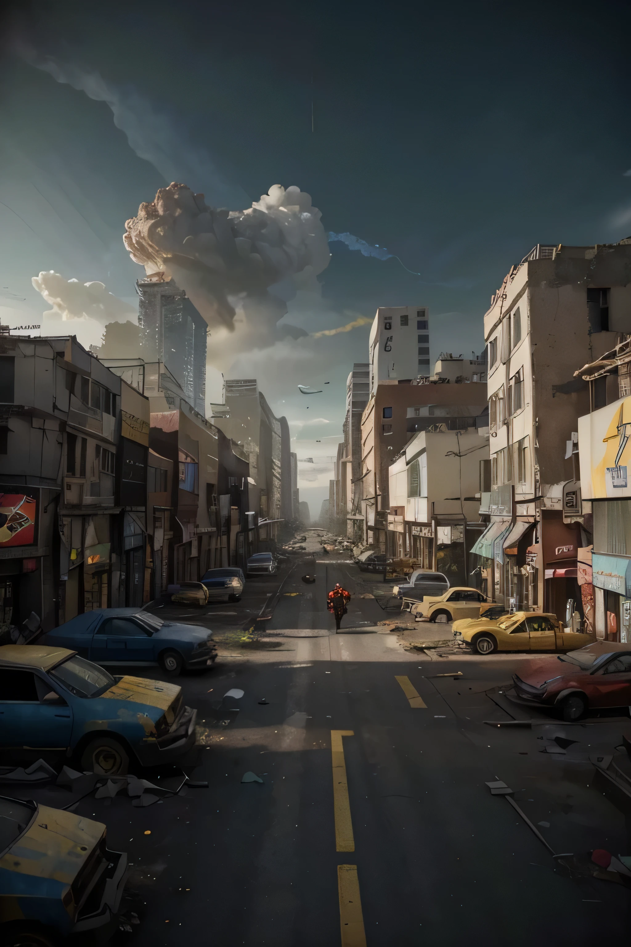 (Gray-red,blue-gold,color scheme:1.4)In a post-apocalyptic metropolis, The remains of a huge city lie in ruins, Similar to the pixelated gameplay style. Capture the view through the drone's perspective, Provides a unique fisheye lens effect. The atmosphere is full of nostalgic cyberpunk vibe, Dilapidated cars and buildings are intertwined in a mesmerizing display. The city is bathed in neon lights, Cast an eerie glow on particles of floating dust that fill the air. In the midst of desolation, Nature endures, Plants slowly regain their urban landscape with their continuous growth. The scene is a fascinating blend of futurism and decay, Create a surreal world Remnants of the past merge with the possibilities of a new future. draw a large voltron robot in the center
