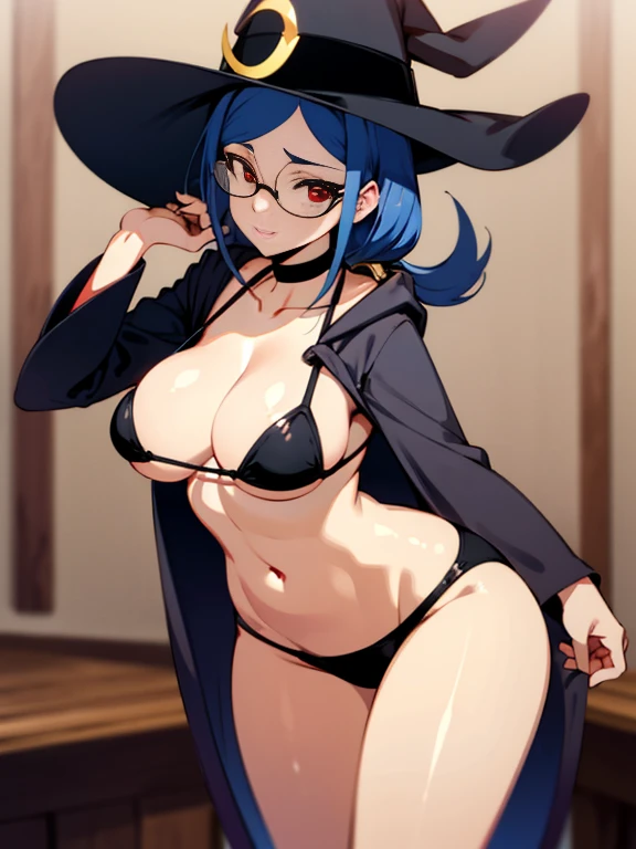 urca robe side ponytail witch hat choker glasses red eyes tetas, muslos, cuerpazo, mirando, looking at viewer, sonrojada, mejillas rojas, apretada, cuerpo completo, hig cuality, mejor calidad, calidad 4k, apretada, de frente, looking at viewer, bikini negro, black bikini, panties, black panties, mirada picara