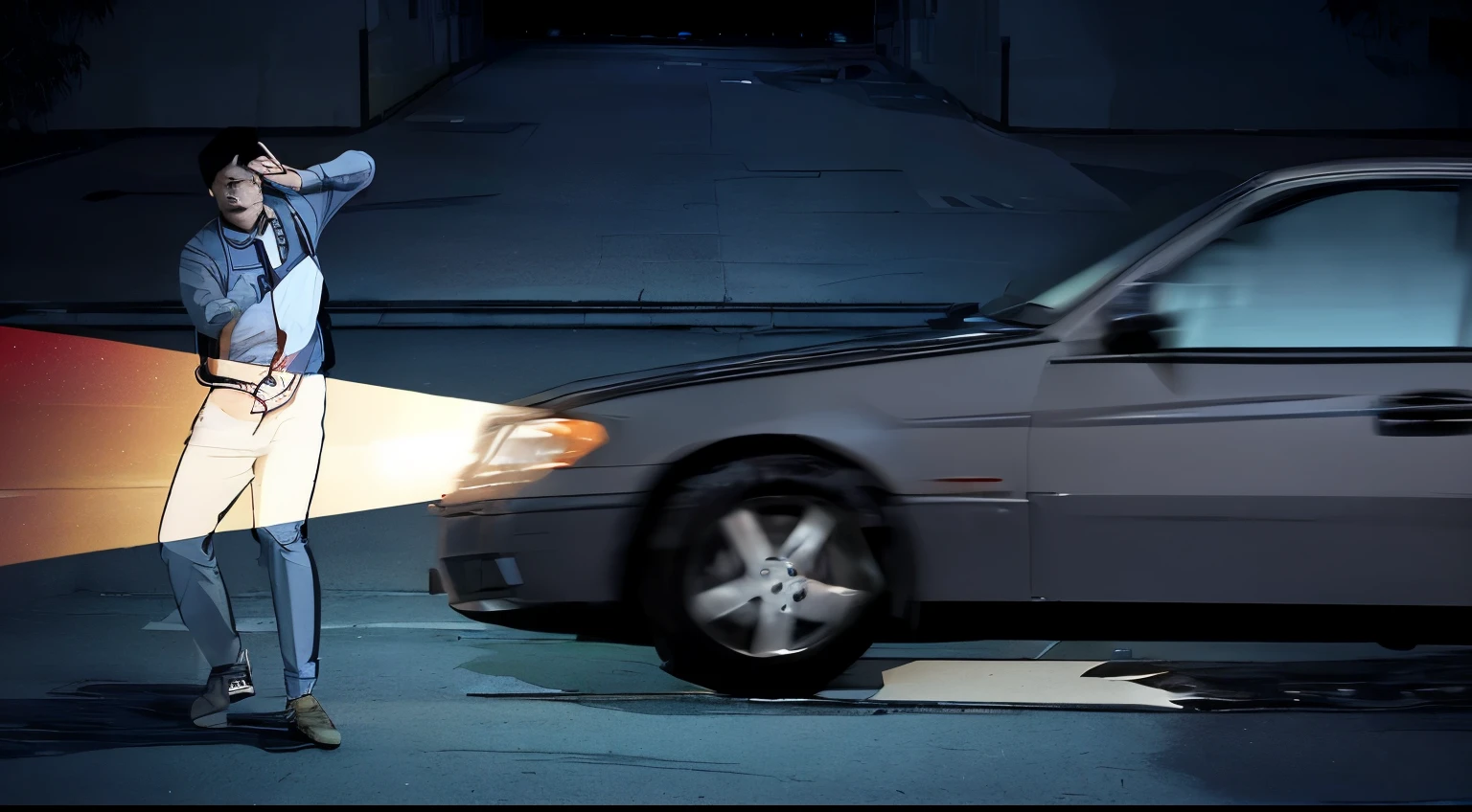 midnight,China,A male student is nearly hit by a car,Side orientation